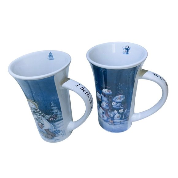 Christmas Winter Time Pair of Latte Mugs Coffee Tea Cups Blue sayings on handles - Picture 1 of 8